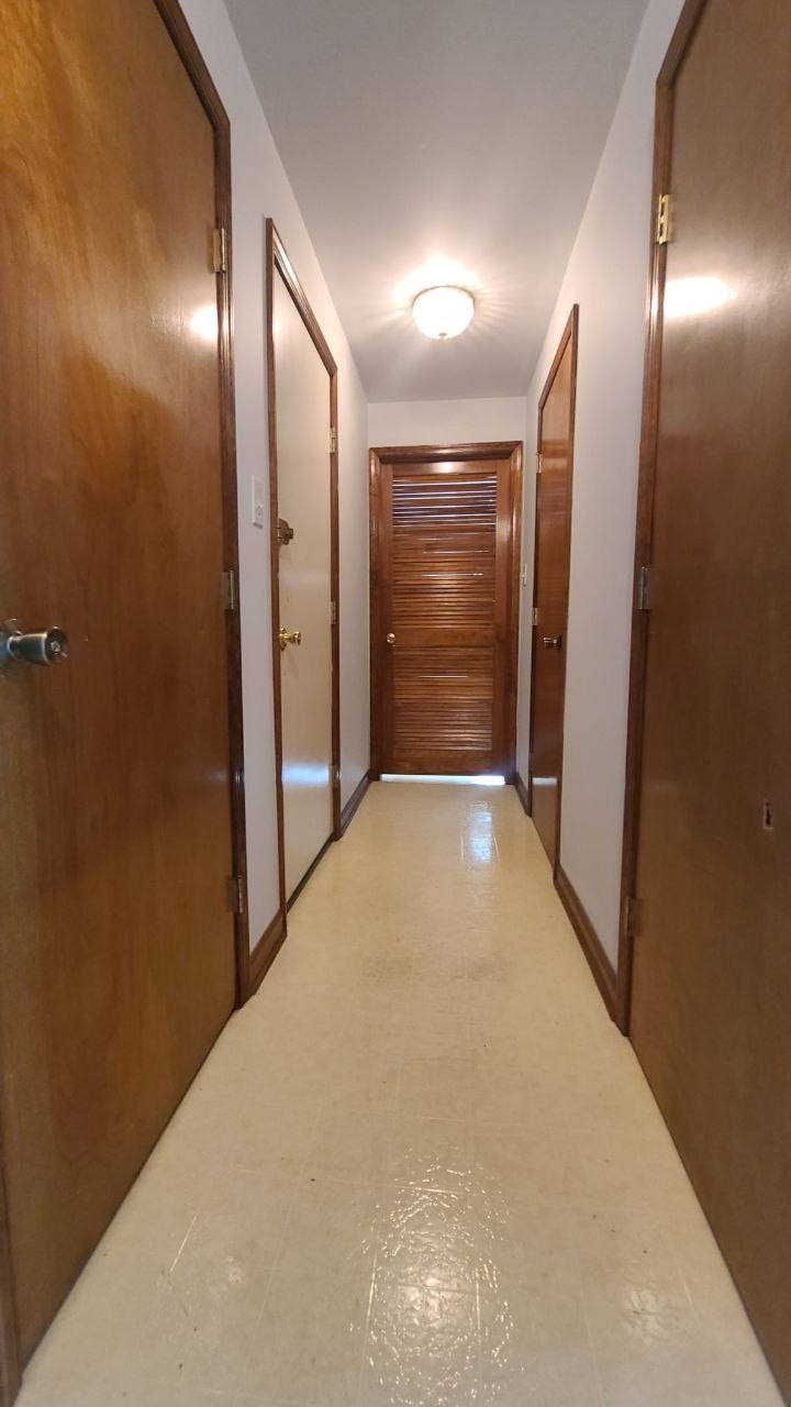 Bright interior hallway with wood doors and trim